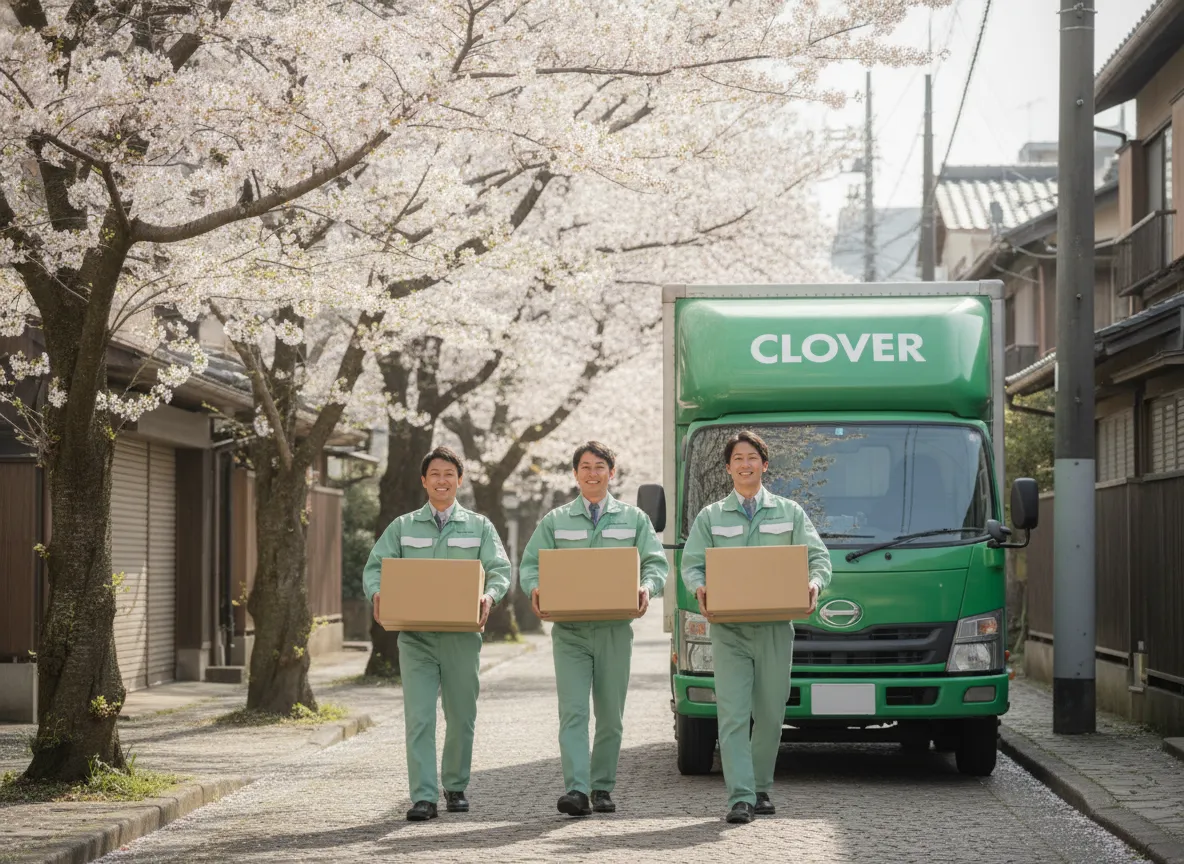 住宅街を走る緑の引越しトラック