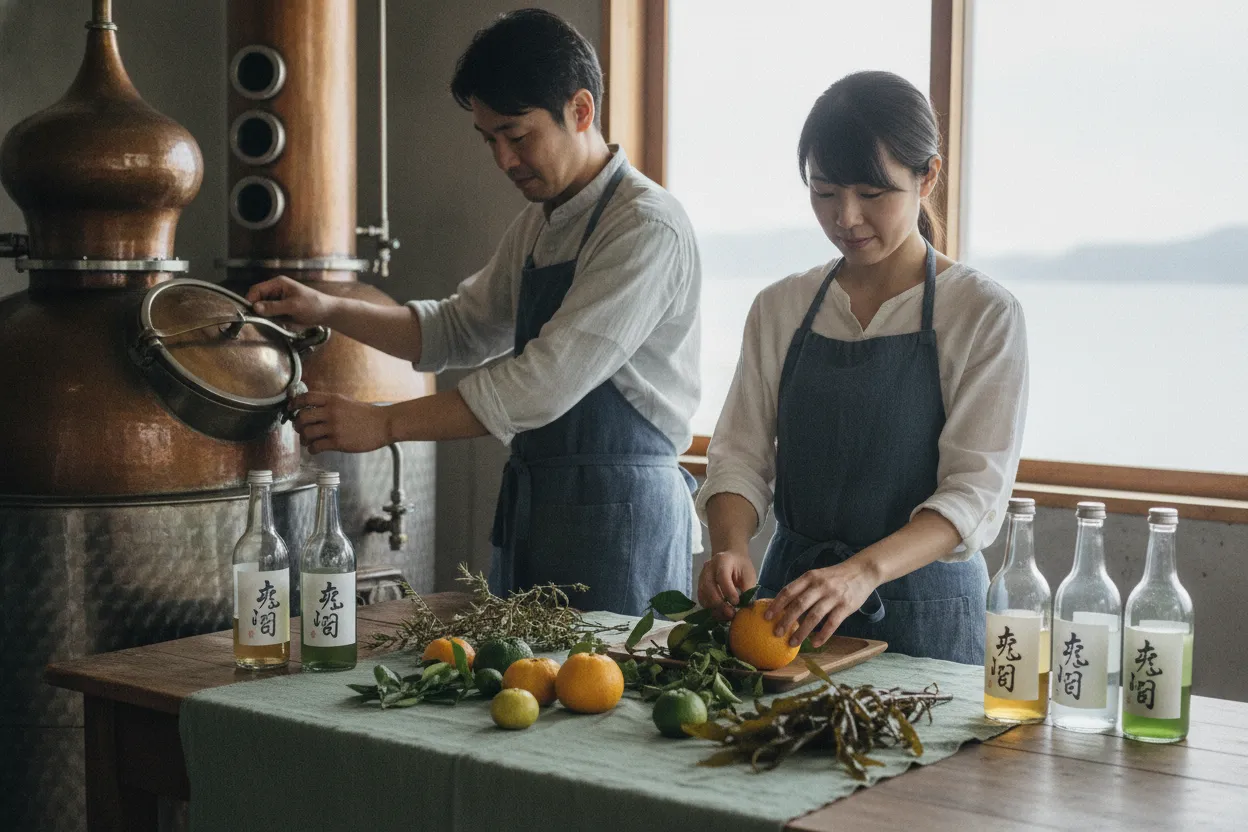 蒸溜所で作業する造り手の家族