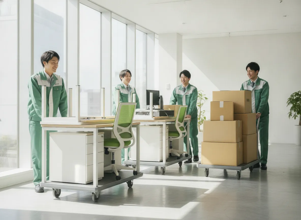 オフィスのデスクや機器を運ぶ事業所移転の様子