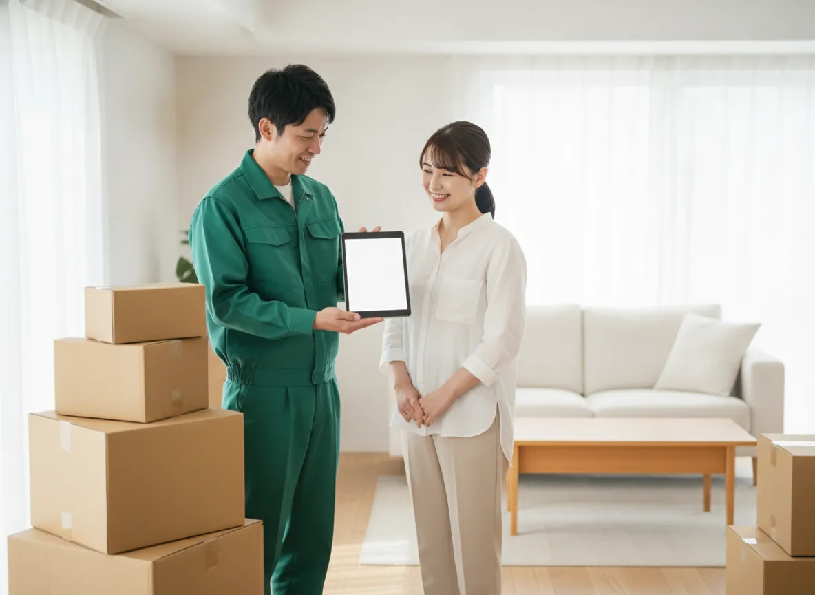 タブレットで訪問見積もりを行うスタッフとお客様