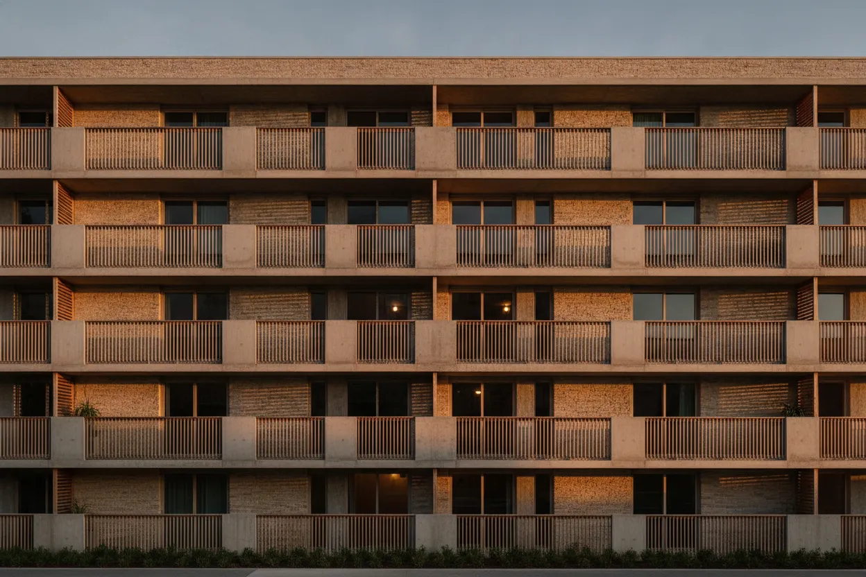 夕暮れのリズミカルなバルコニーを持つ低層集合住宅