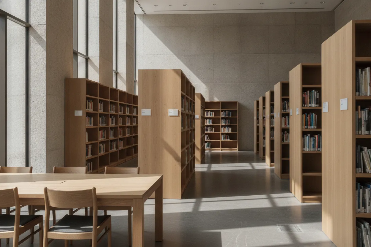 高い窓と淡い木の書架が並ぶ図書館の閲覧室