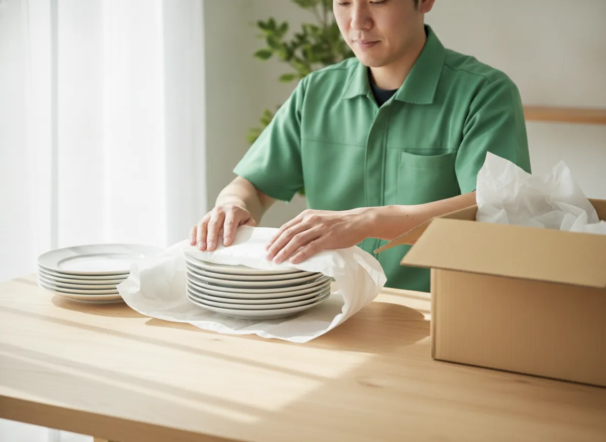 食器を包んで梱包するオプション作業