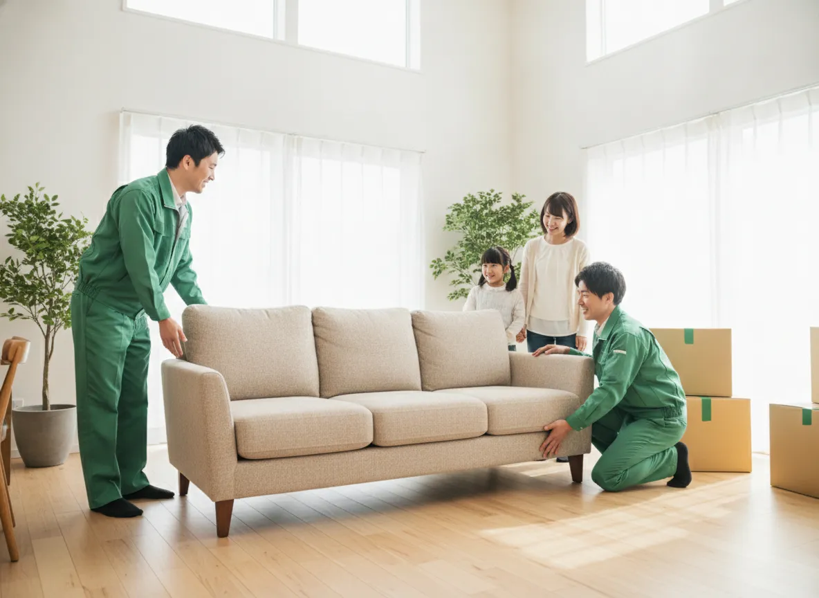 広いリビングで家具を配置するファミリー引越しの様子