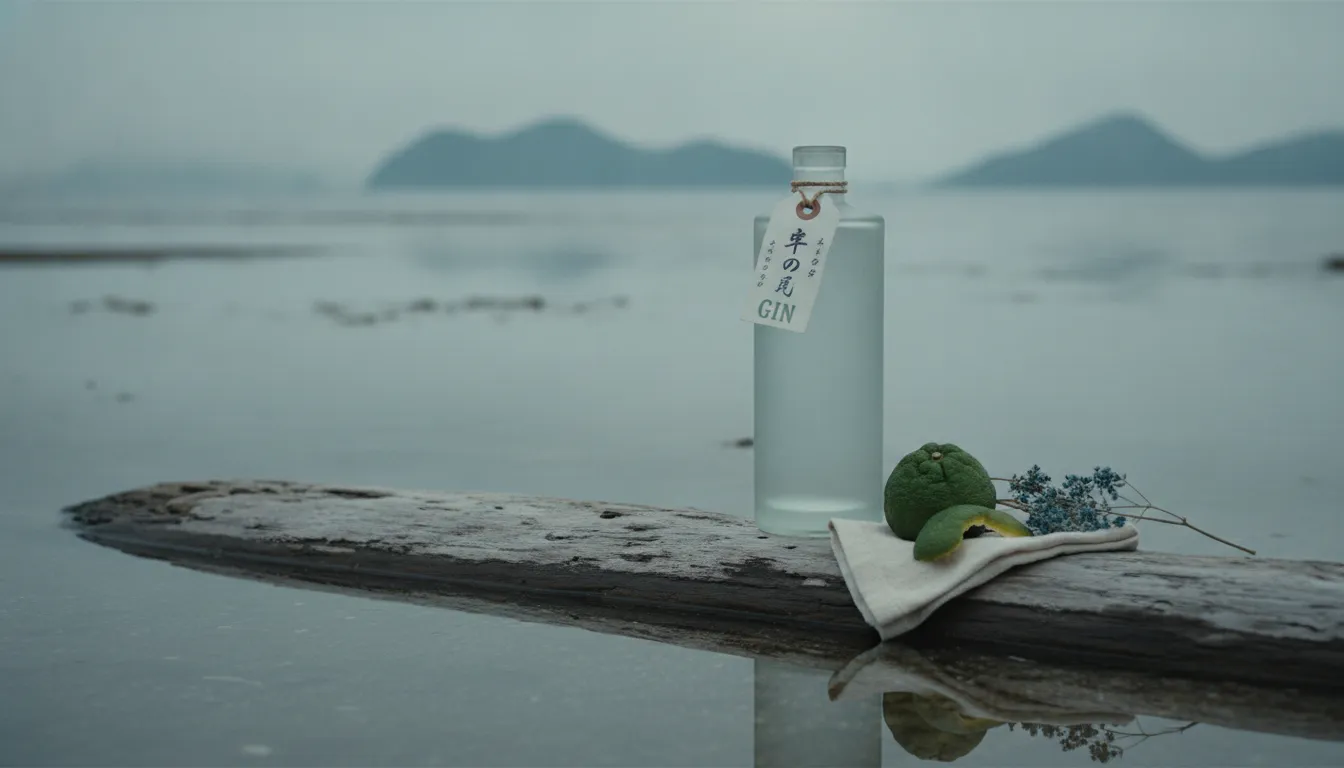 海辺の流木に立つ汐騒蒸溜所のジンボトル