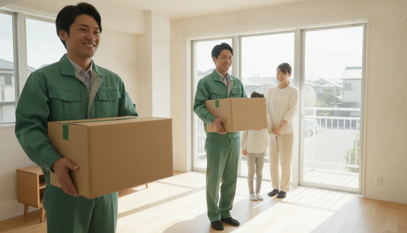 緑の制服のスタッフが明るい新居へ段ボールを運び入れる様子