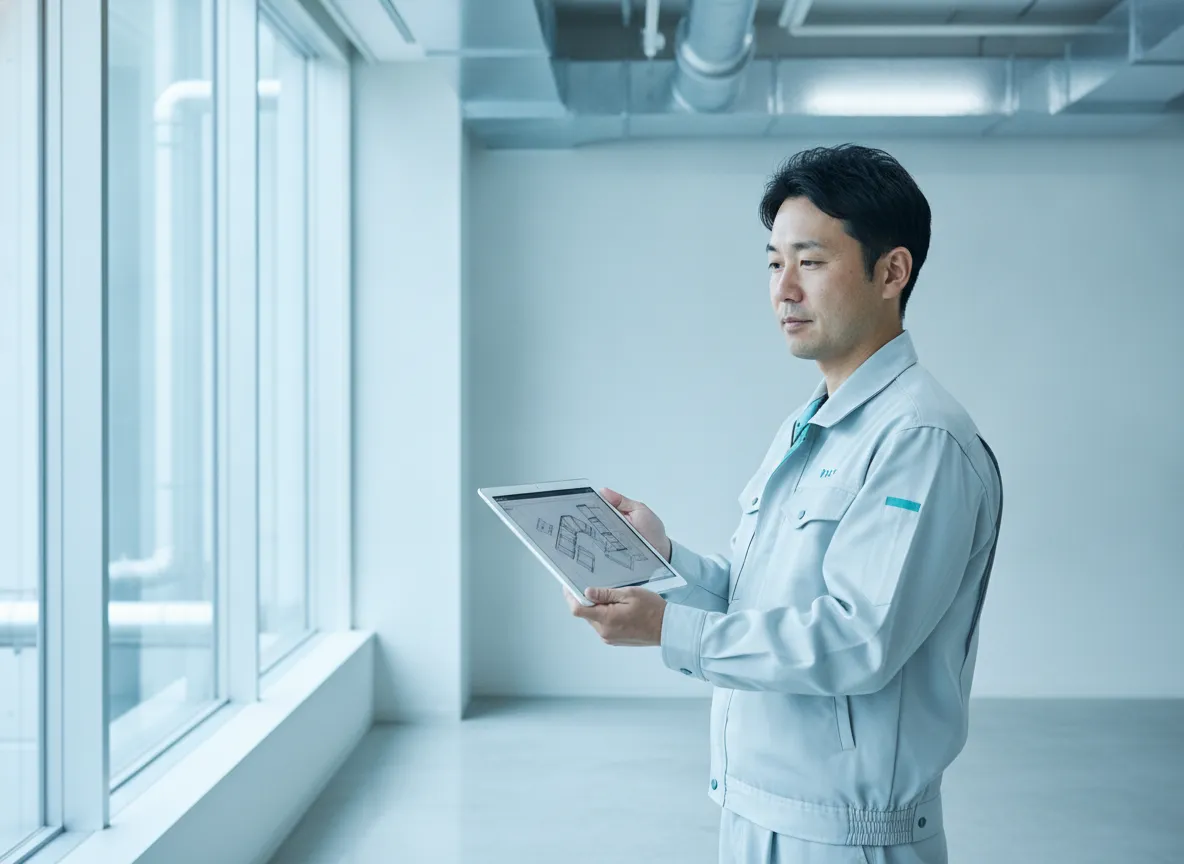 ダクト設計図面を確認する技術者