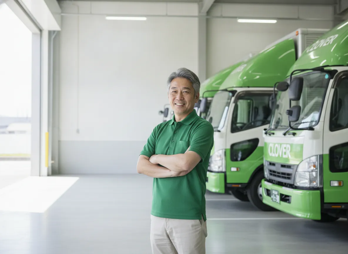 車庫を背に立つ代表者