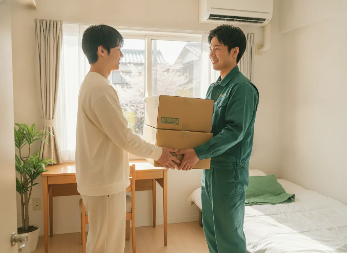 単身の部屋で少量の荷物を運ぶ単身引越しの様子