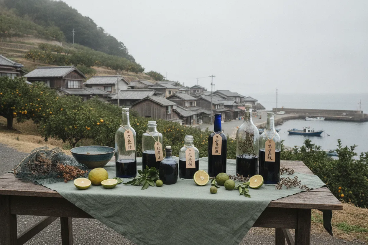 柑橘の段々畑と霧がかった海をのぞむ島の集落